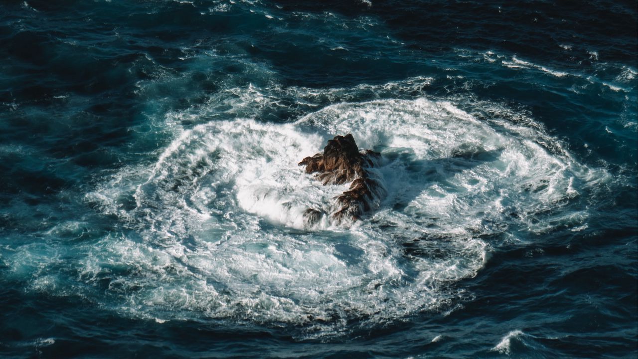 Wallpaper ocean, rock, waves, water, aerial view