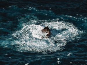 Preview wallpaper ocean, rock, waves, water, aerial view