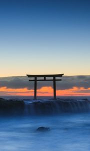 Preview wallpaper ocean, rocks, fog, stones, dawn, landscape