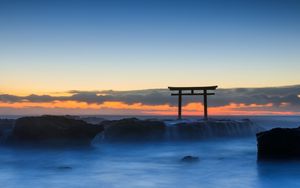 Preview wallpaper ocean, rocks, fog, stones, dawn, landscape