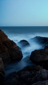 Preview wallpaper ocean, rocks, stones, fog, horizon