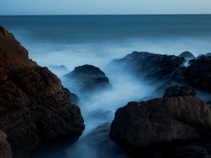 Preview wallpaper ocean, rocks, stones, fog, horizon