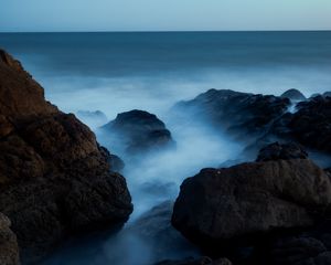 Preview wallpaper ocean, rocks, stones, fog, horizon