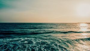 Preview wallpaper ocean, sea, horizon, water, foam, waves, sunset