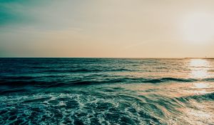 Preview wallpaper ocean, sea, horizon, water, foam, waves, sunset