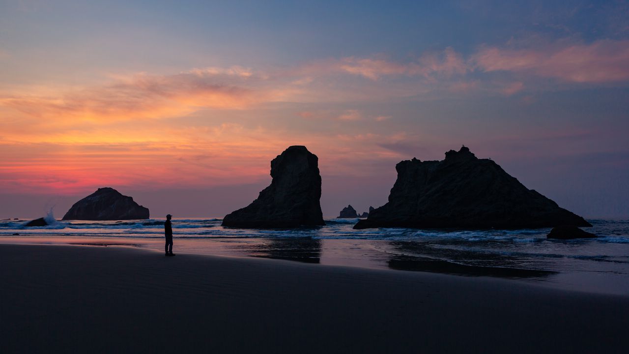 Wallpaper ocean, silhouette, sunset, rocks, loneliness