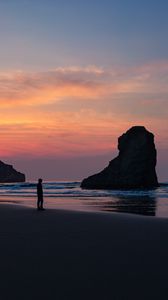 Preview wallpaper ocean, silhouette, sunset, rocks, loneliness