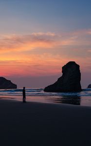 Preview wallpaper ocean, silhouette, sunset, rocks, loneliness