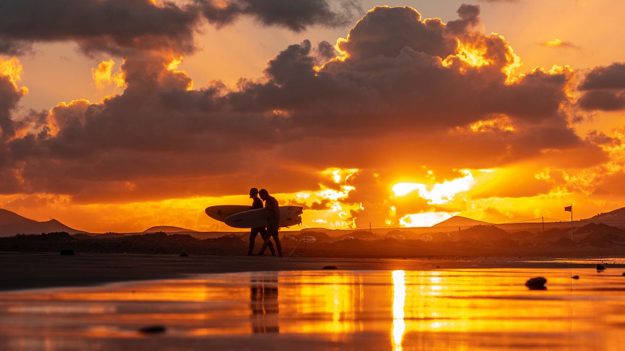 Wallpaper ocean, silhouettes, surfing, surfers, sunset