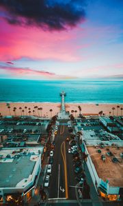 Preview wallpaper ocean, skyline, pier, sunset, buildings, sky, manhattan beach, united states