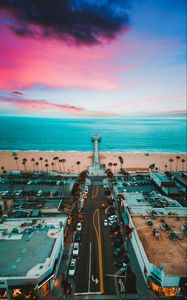 Preview wallpaper ocean, skyline, pier, sunset, buildings, sky, manhattan beach, united states