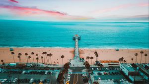 Preview wallpaper ocean, skyline, pier, sunset, buildings, sky, manhattan beach, united states