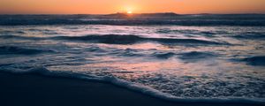 Preview wallpaper ocean, sunset, beach, waves, dusk