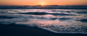 Preview wallpaper ocean, sunset, beach, waves, dusk