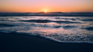 Preview wallpaper ocean, sunset, beach, waves, dusk