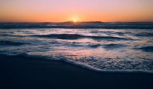 Preview wallpaper ocean, sunset, beach, waves, dusk