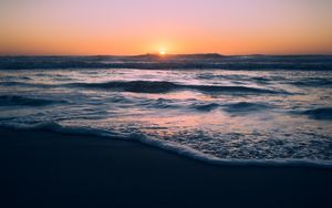 Preview wallpaper ocean, sunset, beach, waves, dusk