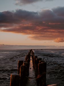 Preview wallpaper ocean, sunset, horizon, pier