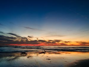 Preview wallpaper ocean, sunset, horizon, sand, silhouettes, california