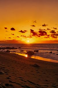 Preview wallpaper ocean, sunset, shore, sand, stones, valle gran rey, canary islands, spain