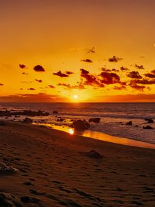 Preview wallpaper ocean, sunset, shore, sand, stones, valle gran rey, canary islands, spain