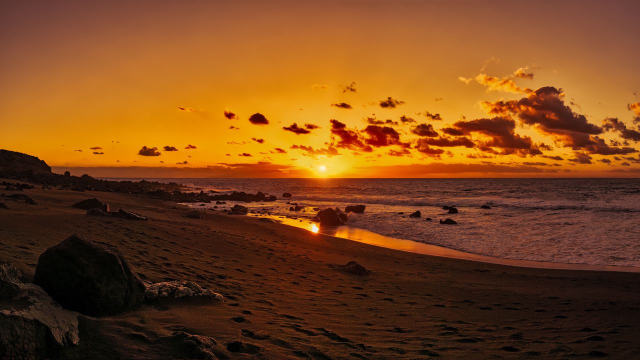 Wallpaper ocean, sunset, shore, beach, sand, horizon, canary islands, spain