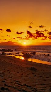 Preview wallpaper ocean, sunset, shore, beach, sand, horizon, canary islands, spain