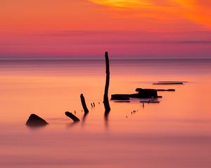 Preview wallpaper ocean, sunset, sticks, horizon