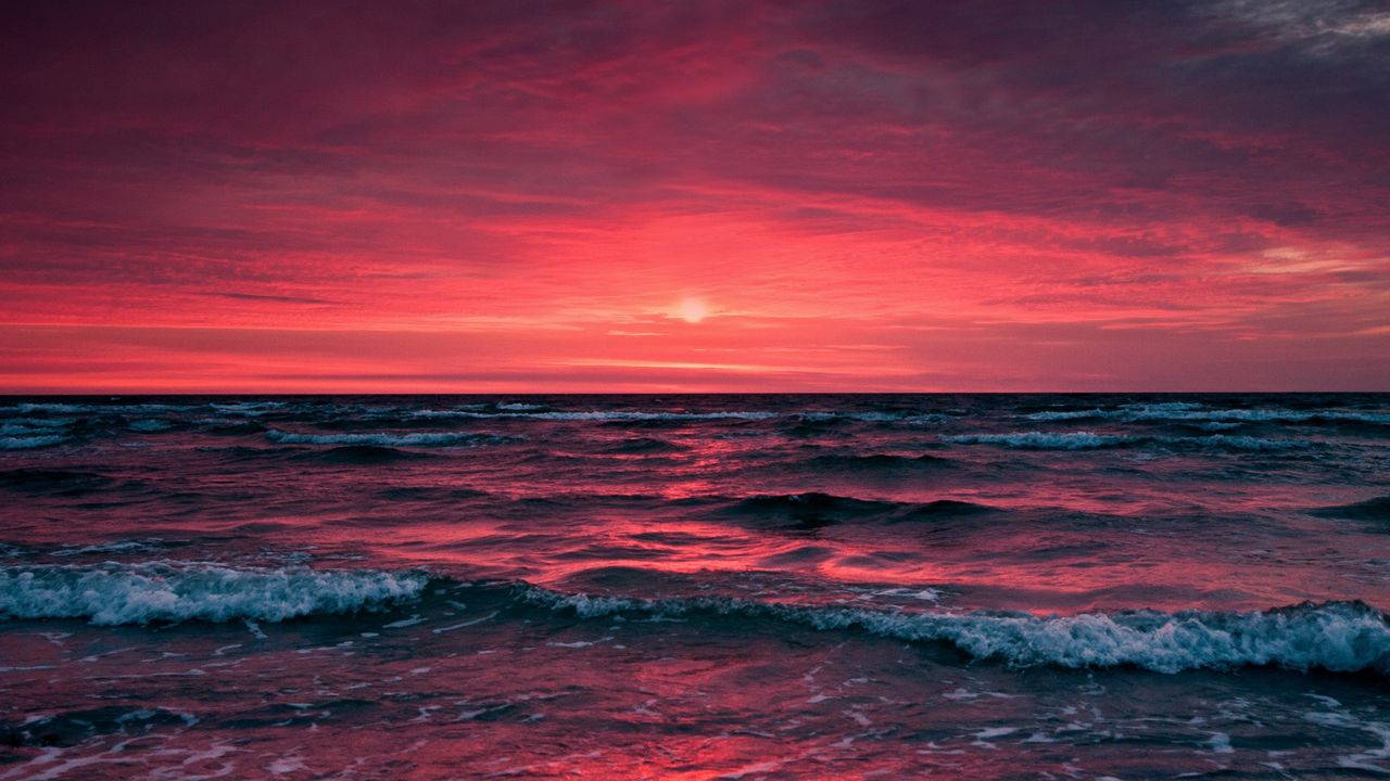 Wallpaper ocean, sunset, surf, horizon, sea, sky, foam