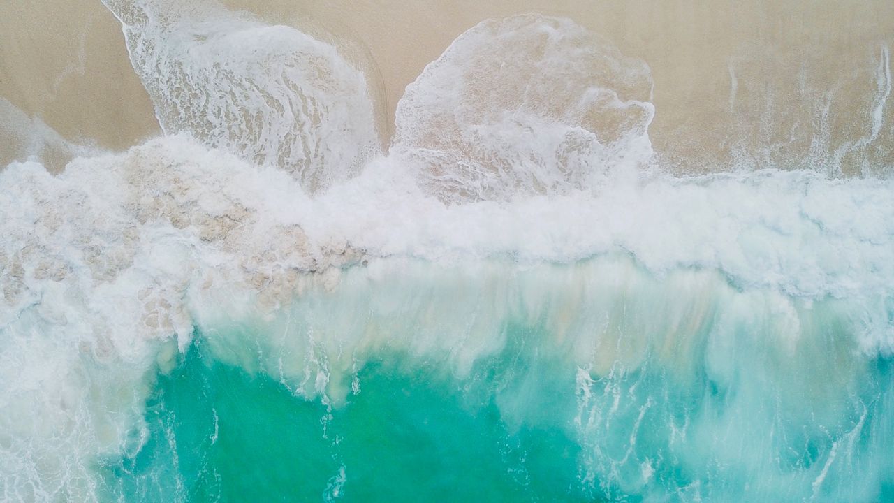 Wallpaper ocean, surf, aerial view, foam, water, sand, shore