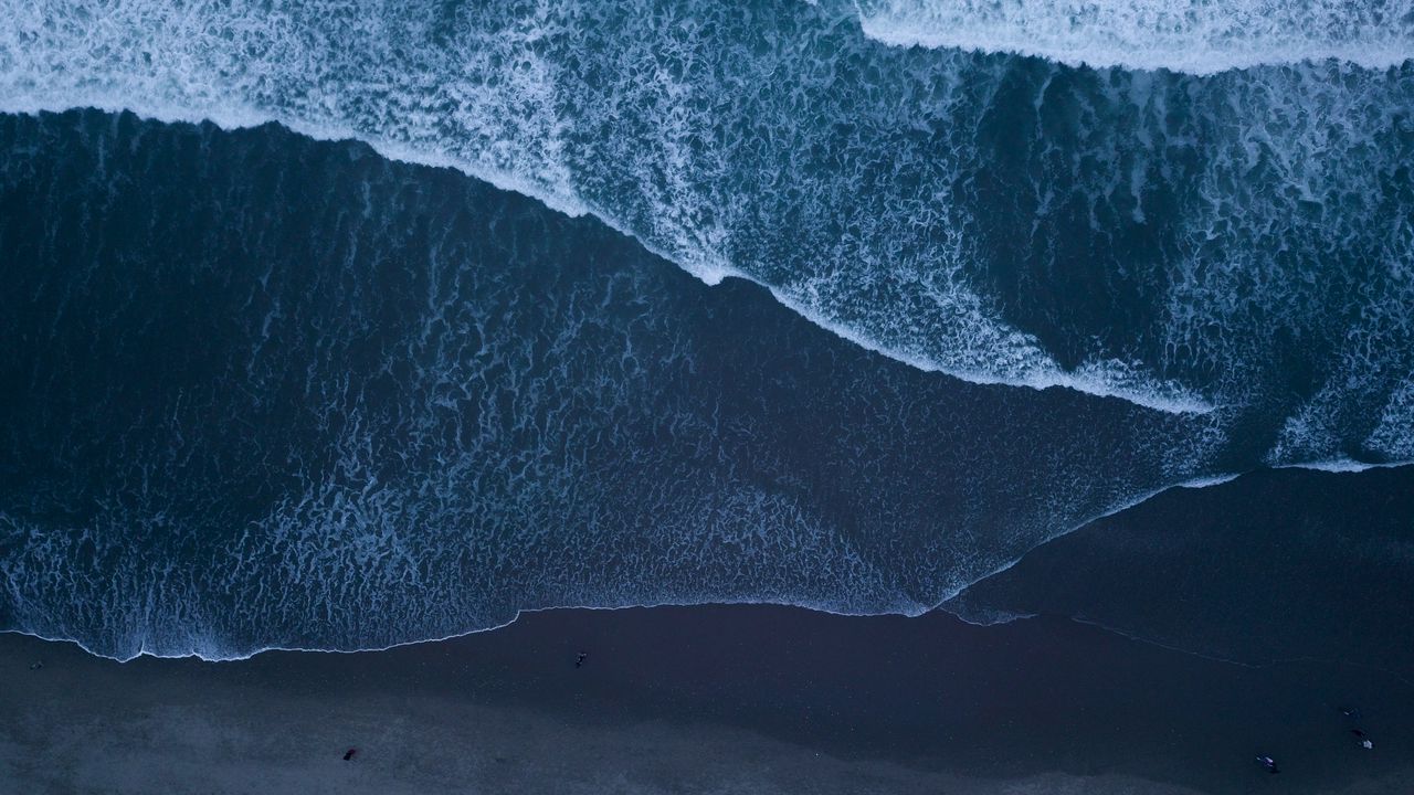 Wallpaper ocean, surf, aerial view, foam, waves, sand, coast