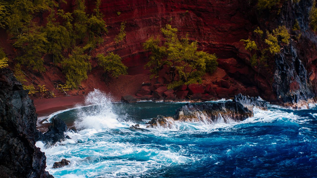 Wallpaper ocean, surf, rocks, trees, hawaii