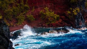 Preview wallpaper ocean, surf, rocks, trees, hawaii