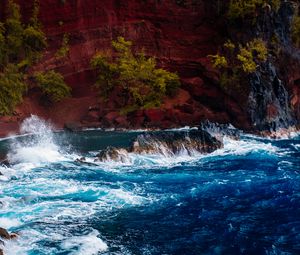 Preview wallpaper ocean, surf, rocks, trees, hawaii