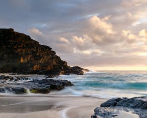 Preview wallpaper ocean, surf, rocks, shore, sand