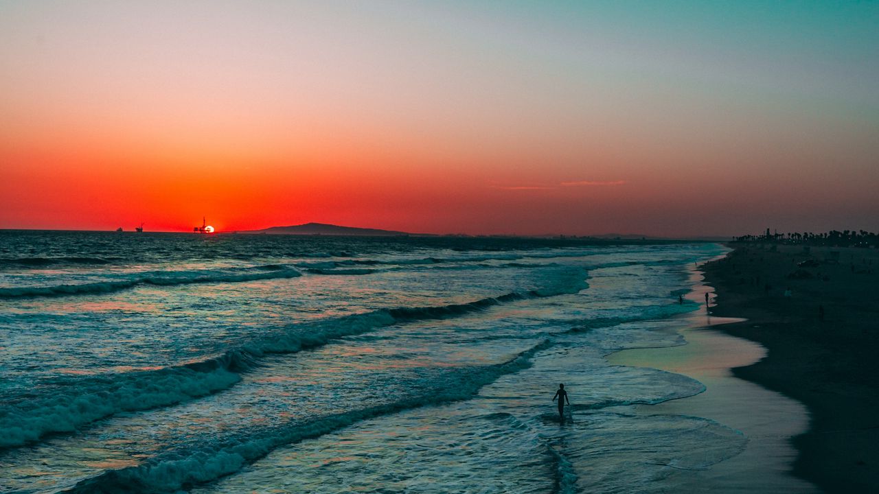 Wallpaper ocean, surf, sunset, silhouette
