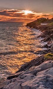 Preview wallpaper ocean, surf, sunset, shore, rocks