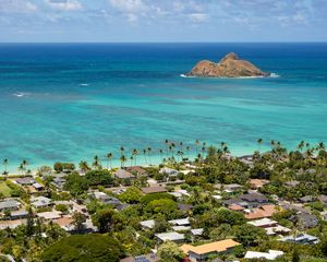 Preview wallpaper ocean, tropics, houses, beach, island