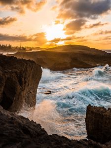Preview wallpaper ocean, water, waves, rocks, sunset