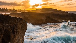 Preview wallpaper ocean, water, waves, rocks, sunset