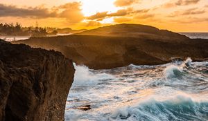 Preview wallpaper ocean, water, waves, rocks, sunset