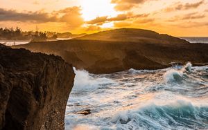 Preview wallpaper ocean, water, waves, rocks, sunset