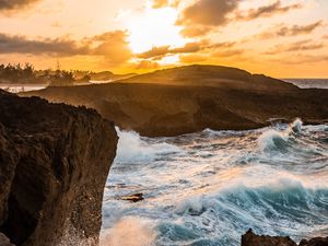 Preview wallpaper ocean, water, waves, rocks, sunset