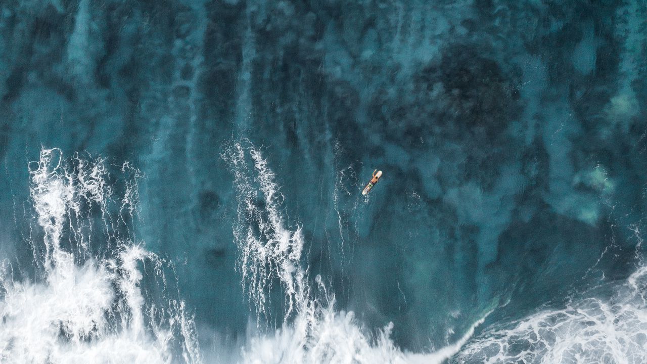 Wallpaper ocean, waves, aerial view, surfer, water, surface