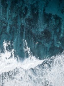 Preview wallpaper ocean, waves, aerial view, surfer, water, surface