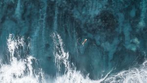 Preview wallpaper ocean, waves, aerial view, surfer, water, surface