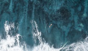 Preview wallpaper ocean, waves, aerial view, surfer, water, surface