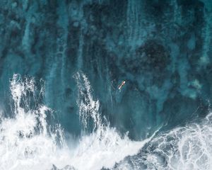 Preview wallpaper ocean, waves, aerial view, surfer, water, surface