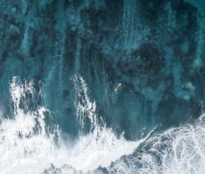 Preview wallpaper ocean, waves, aerial view, surfer, water, surface