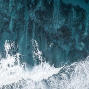 Preview wallpaper ocean, waves, aerial view, surfer, water, surface